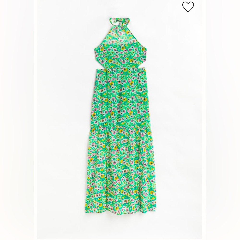 H&M Green Floral Chiffon Open Back Midi Dress